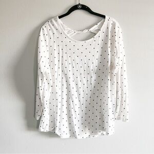 White & Black Polka Dot Cotton 3/4 Sleeve Scoop Neck Cut Out Twist Keyhole Large